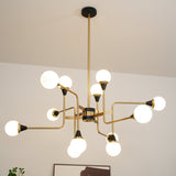 Mid Century Modern Brass Chandelier with Blown White Glass Globes and Bent Arms