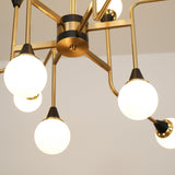 Mid Century Modern Brass Chandelier with Blown White Glass Globes and Bent Arms
