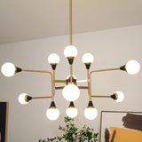 Mid Century Modern Brass Chandelier with Blown White Glass Globes and Bent Arms