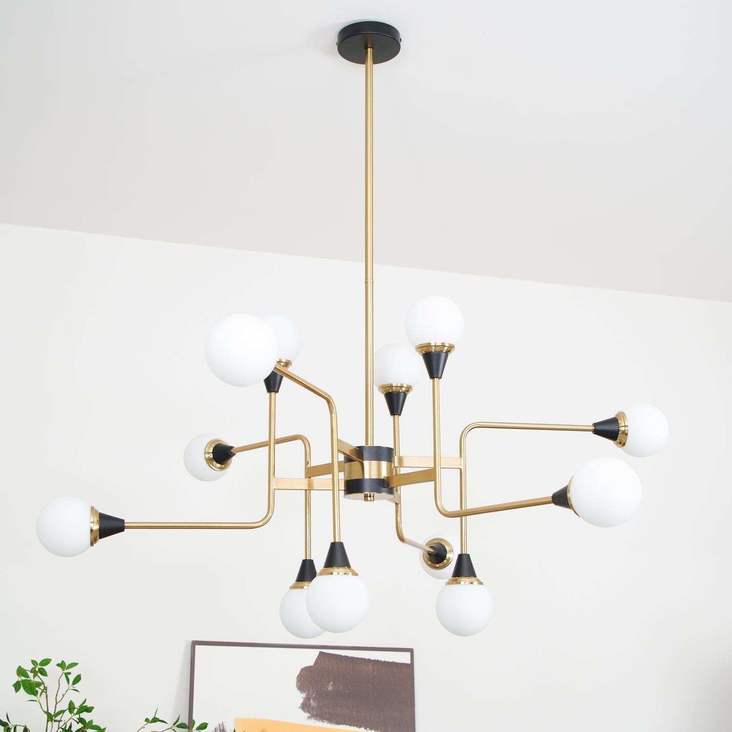 Mid Century Modern Brass Chandelier with Blown White Glass Globes and Bent Arms
