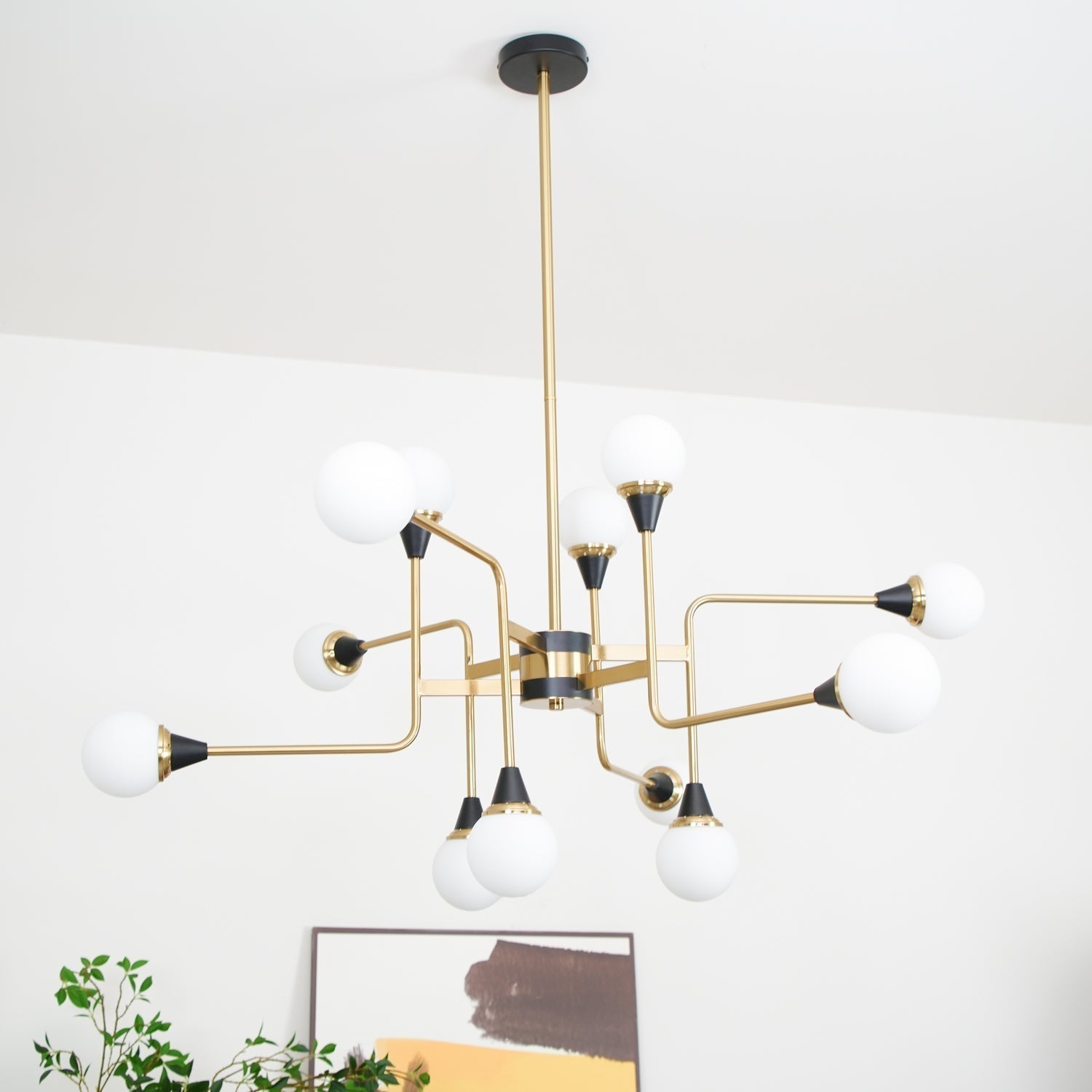Mid Century Modern Brass Chandelier with Blown White Glass Globes and Bent Arms