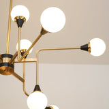 Mid Century Modern Brass Chandelier with Blown White Glass Globes and Bent Arms