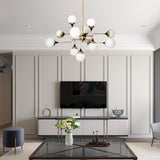Mid Century Modern Brass Chandelier with Blown White Glass Globes and Bent Arms