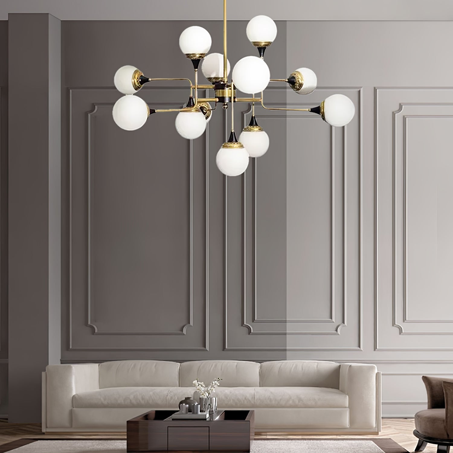 Mid Century Modern Brass Chandelier with Blown White Glass Globes and Bent Arms