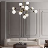Mid Century Modern Brass Chandelier with Blown White Glass Globes and Bent Arms