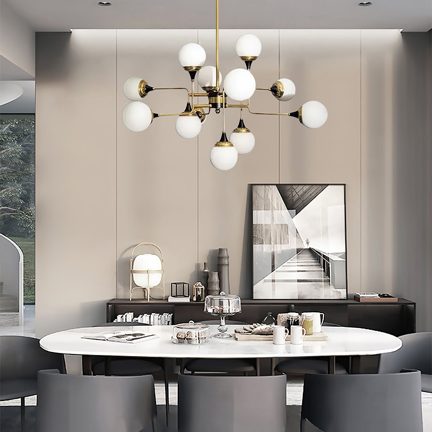 Mid Century Modern Brass Chandelier with Blown White Glass Globes and Bent Arms