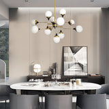 Mid Century Modern Brass Chandelier with Blown White Glass Globes and Bent Arms