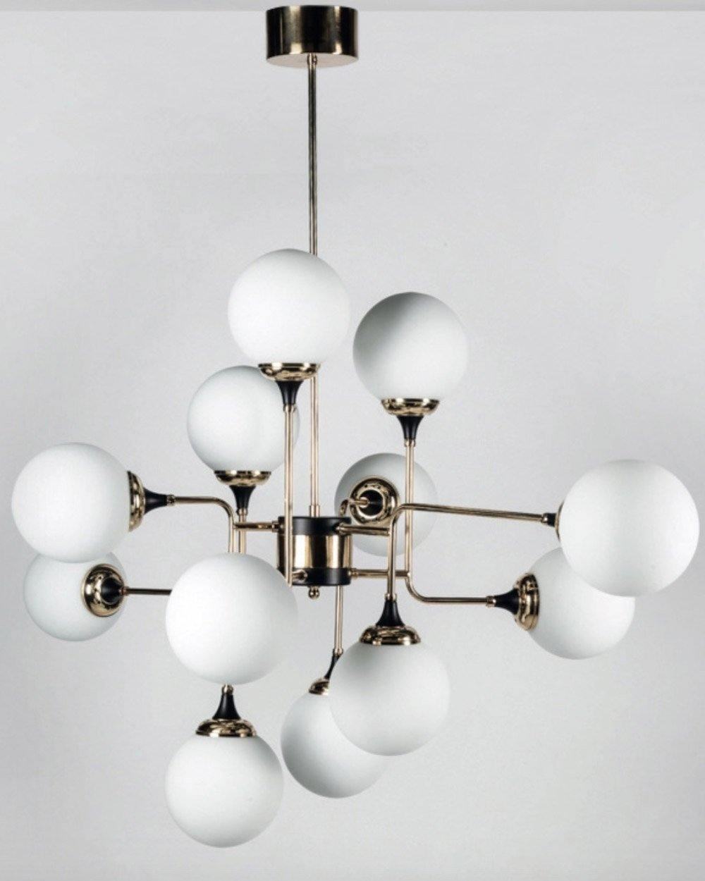Mid Century Modern Brass Chandelier with Blown White Glass Globes and Bent Arms