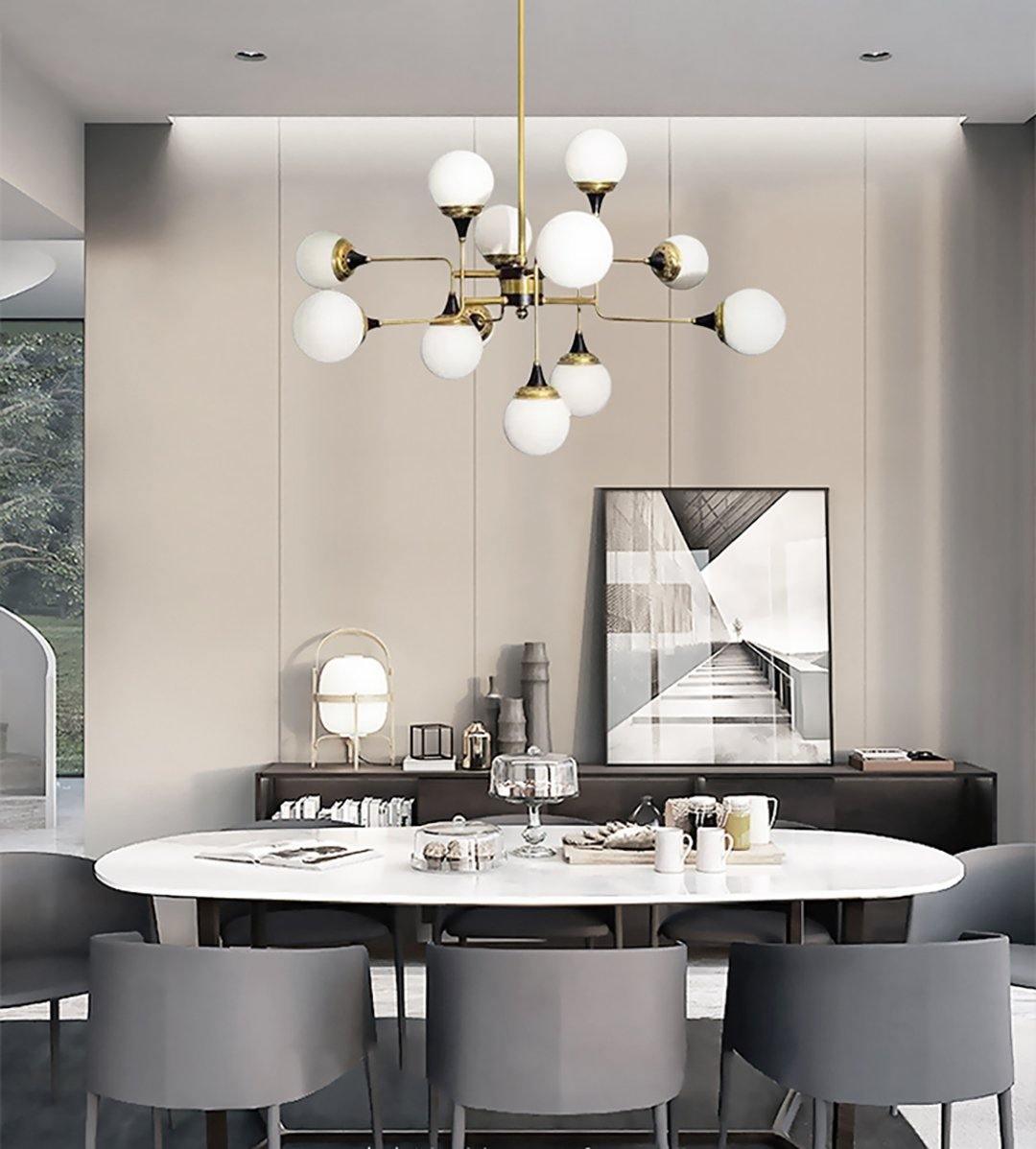 Mid Century Modern Brass Chandelier with Blown White Glass Globes and Bent Arms