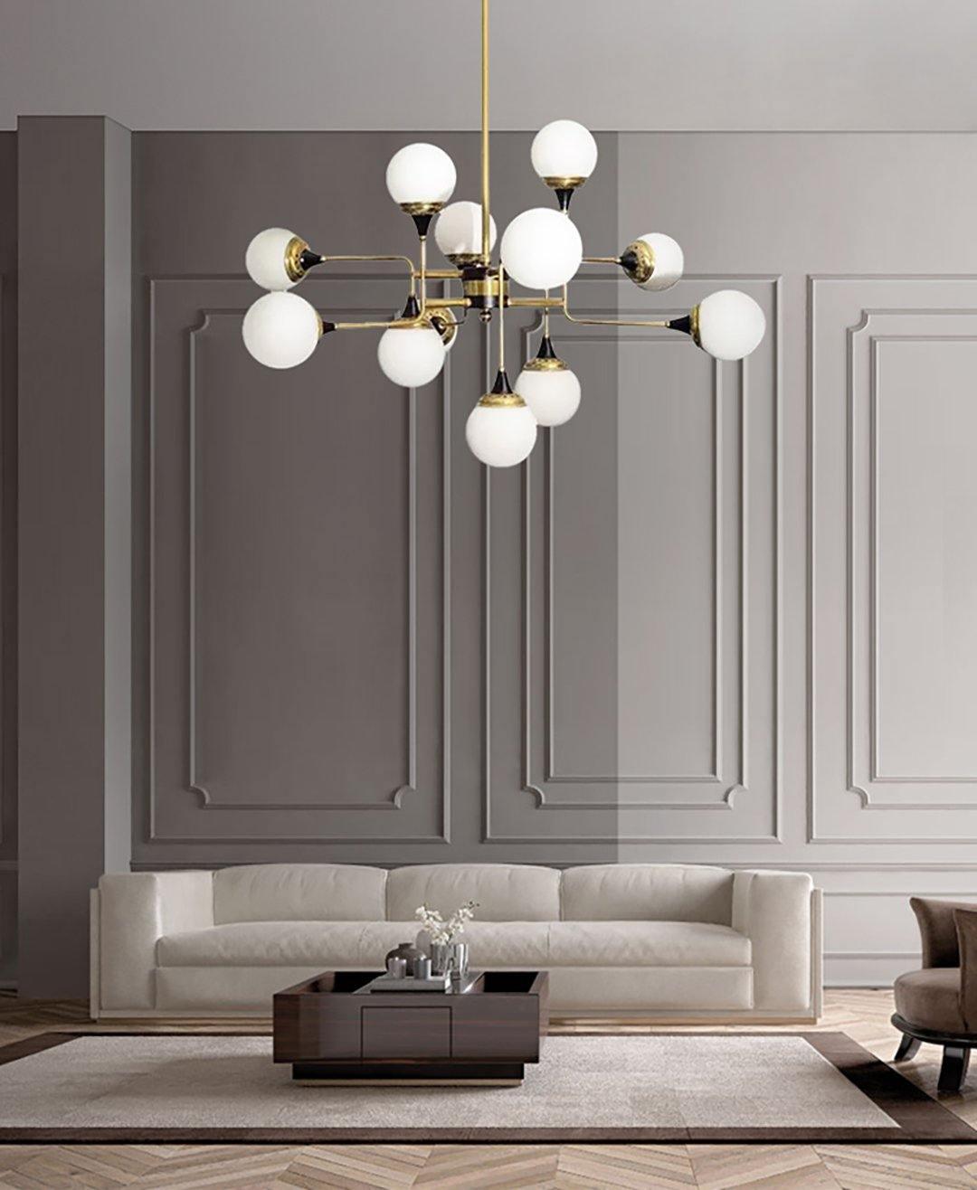 Mid Century Modern Brass Chandelier with Blown White Glass Globes and Bent Arms