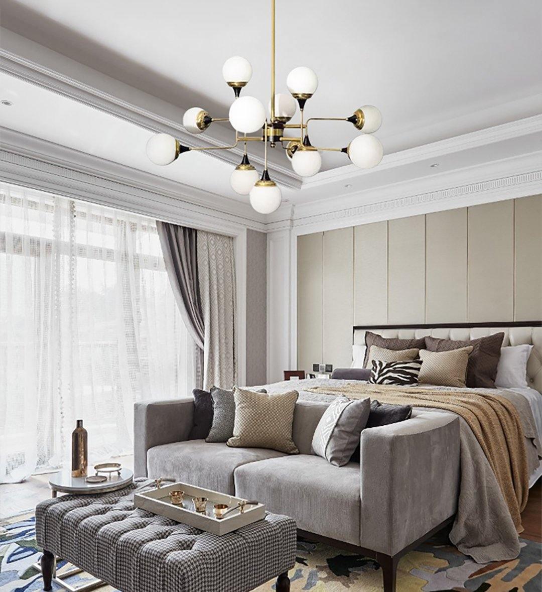 Mid Century Modern Brass Chandelier with Blown White Glass Globes and Bent Arms
