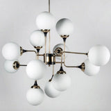 Mid Century Modern Brass Chandelier with Blown White Glass Globes and Bent Arms