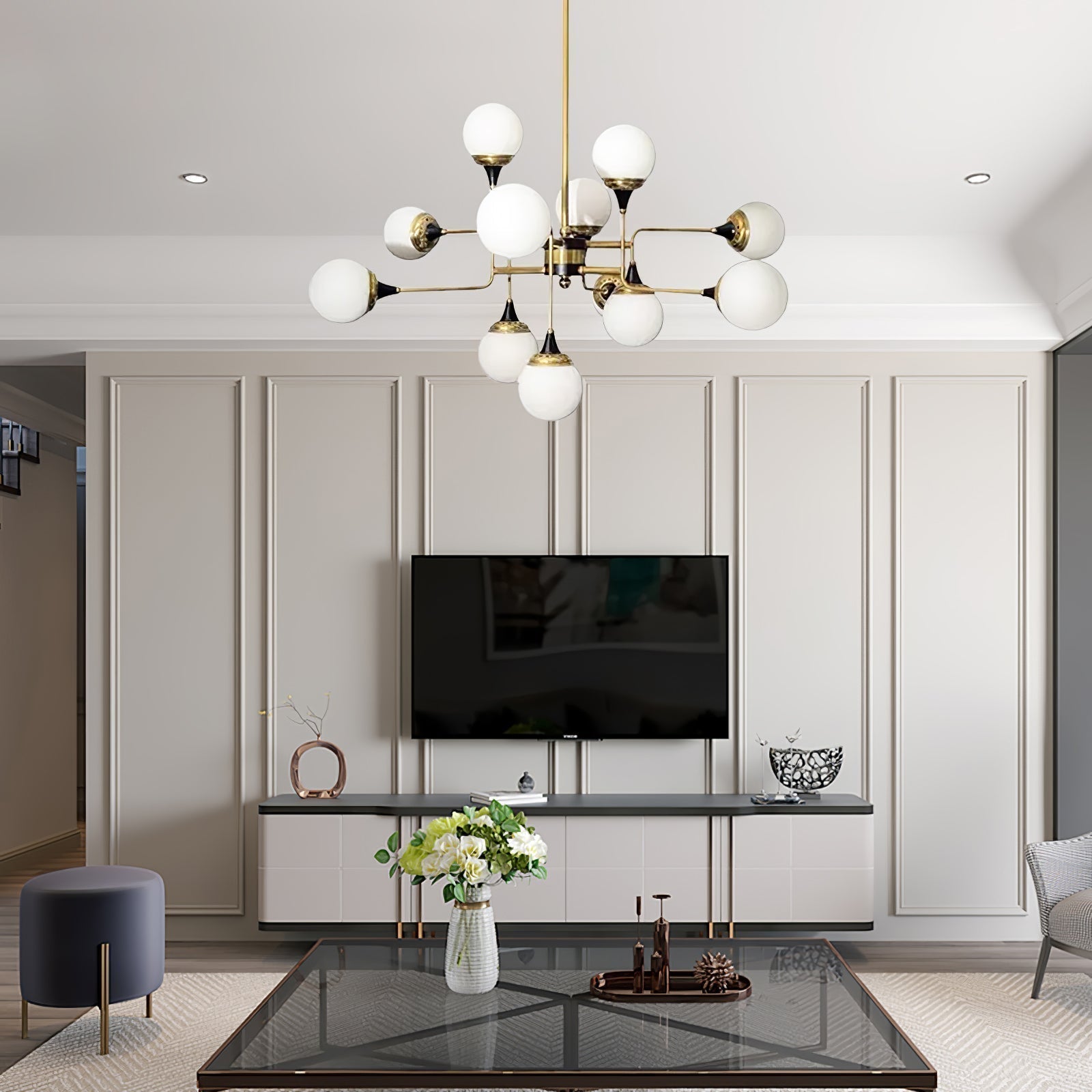 Mid Century Modern Brass Chandelier with Blown White Glass Globes and Bent Arms