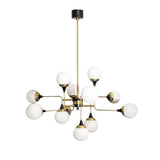 Mid Century Modern Brass Chandelier with Blown White Glass Globes and Bent Arms