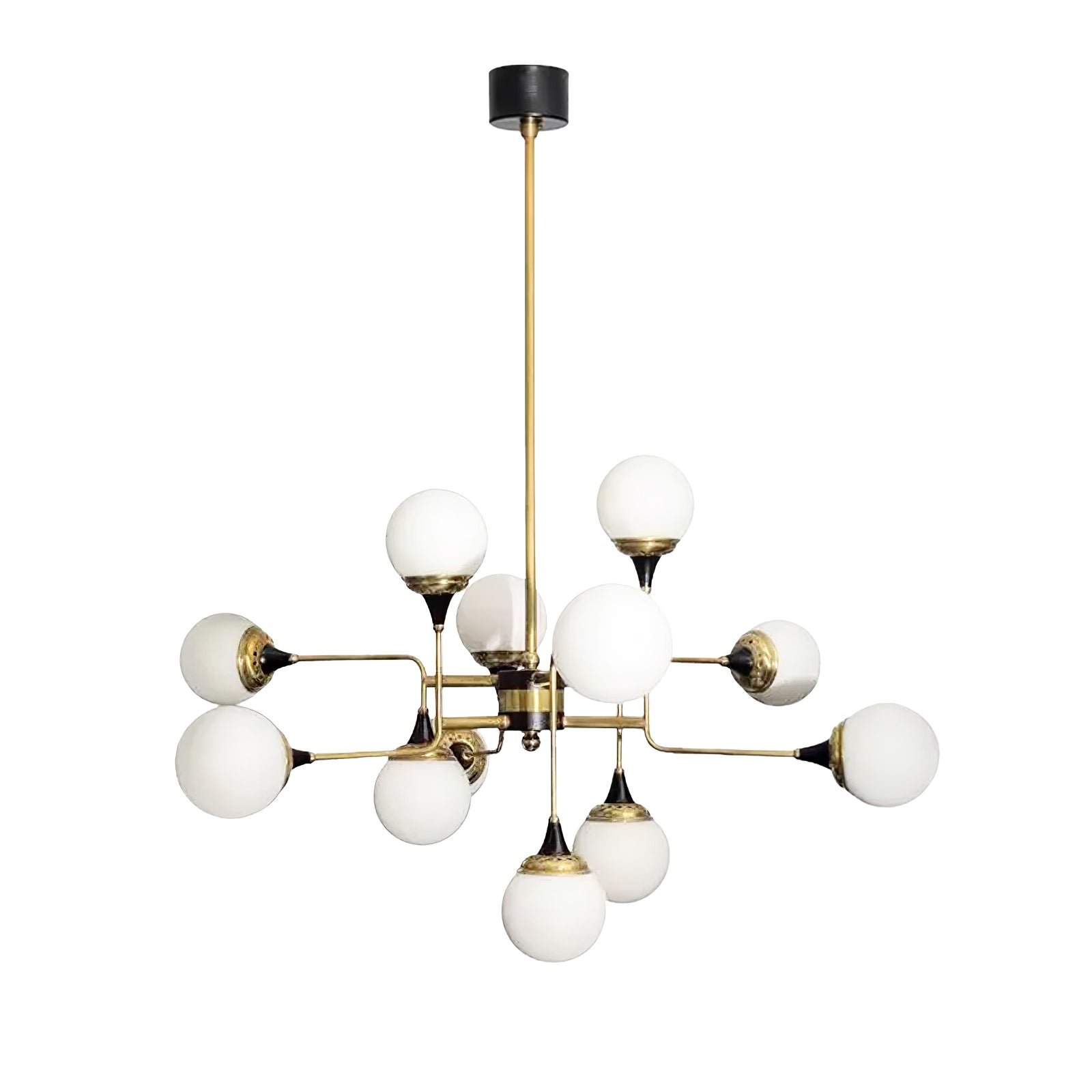 Mid Century Modern Brass Chandelier with Blown White Glass Globes and Bent Arms