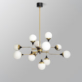 Mid Century Modern Brass Chandelier with Blown White Glass Globes and Bent Arms
