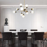 Mid Century Modern Brass Chandelier with Blown White Glass Globes and Bent Arms