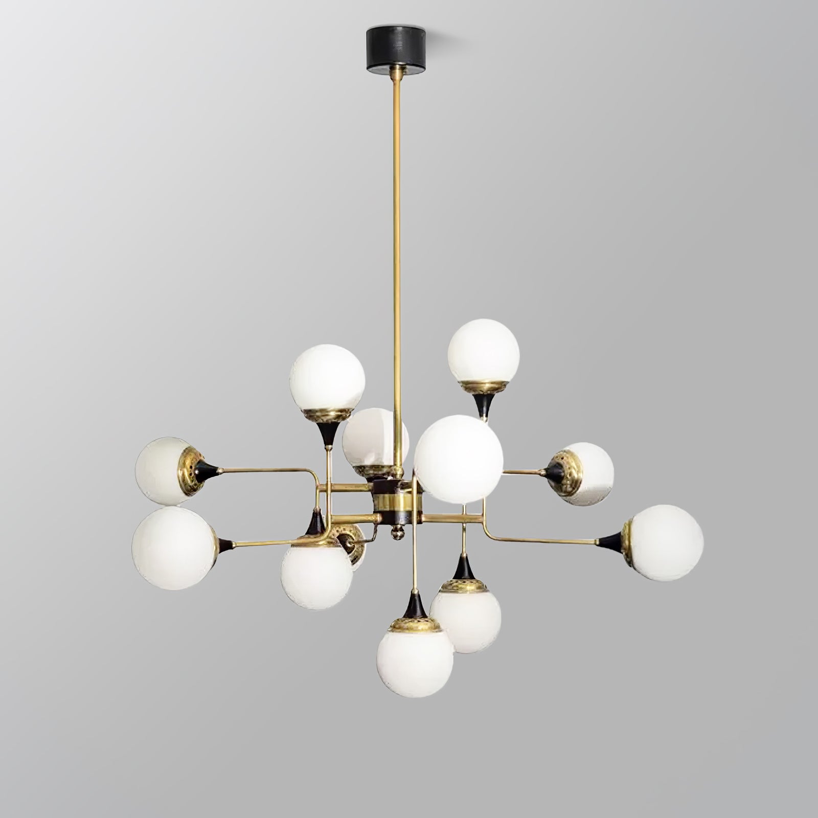 Mid Century Modern Brass Chandelier with Blown White Glass Globes and Bent Arms