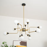 Mid Century Modern Brass Chandelier with Blown White Glass Globes and Bent Arms