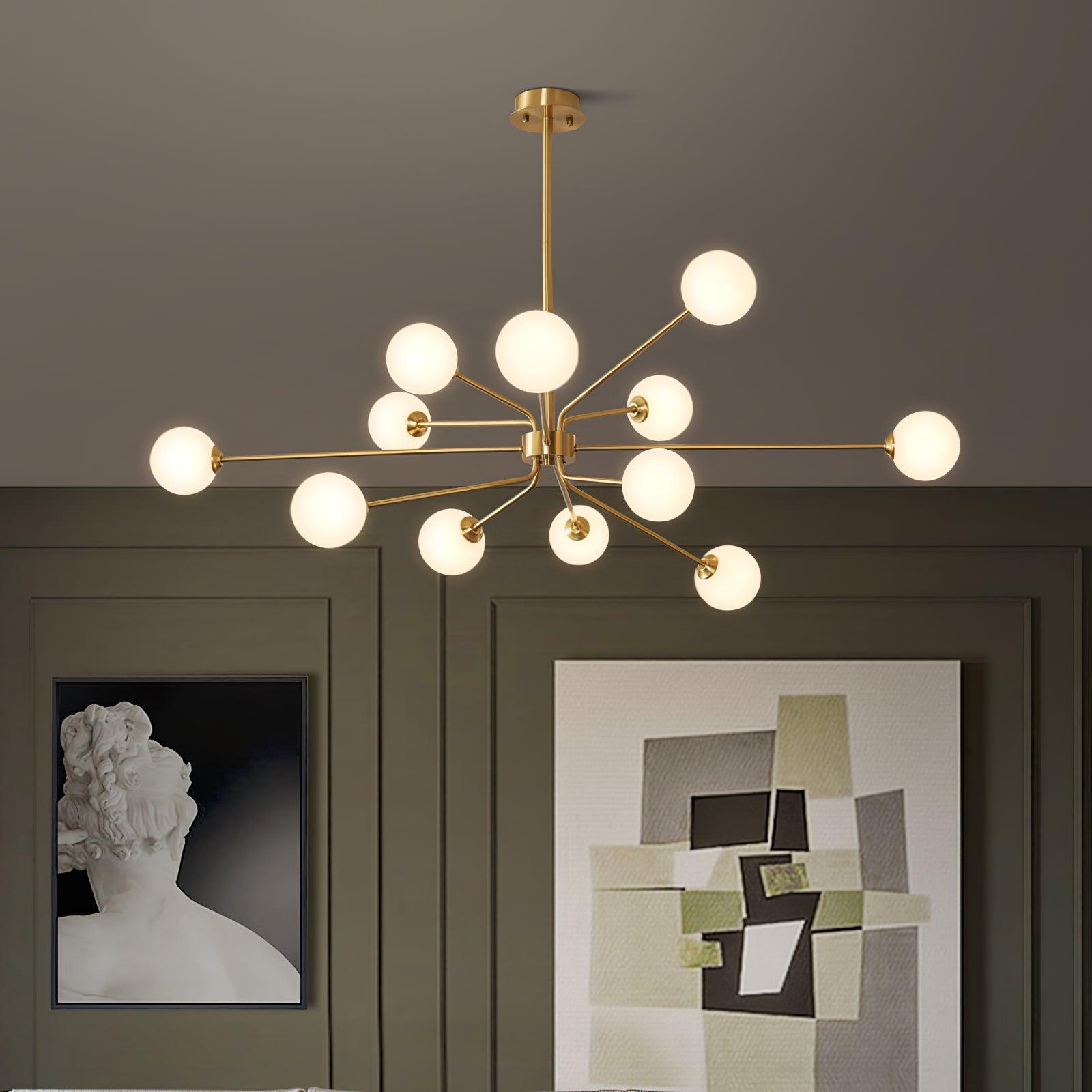 Mid Century Modern Brass Crown Chandelier with White Glass Globe Shades for Indoor Lighting