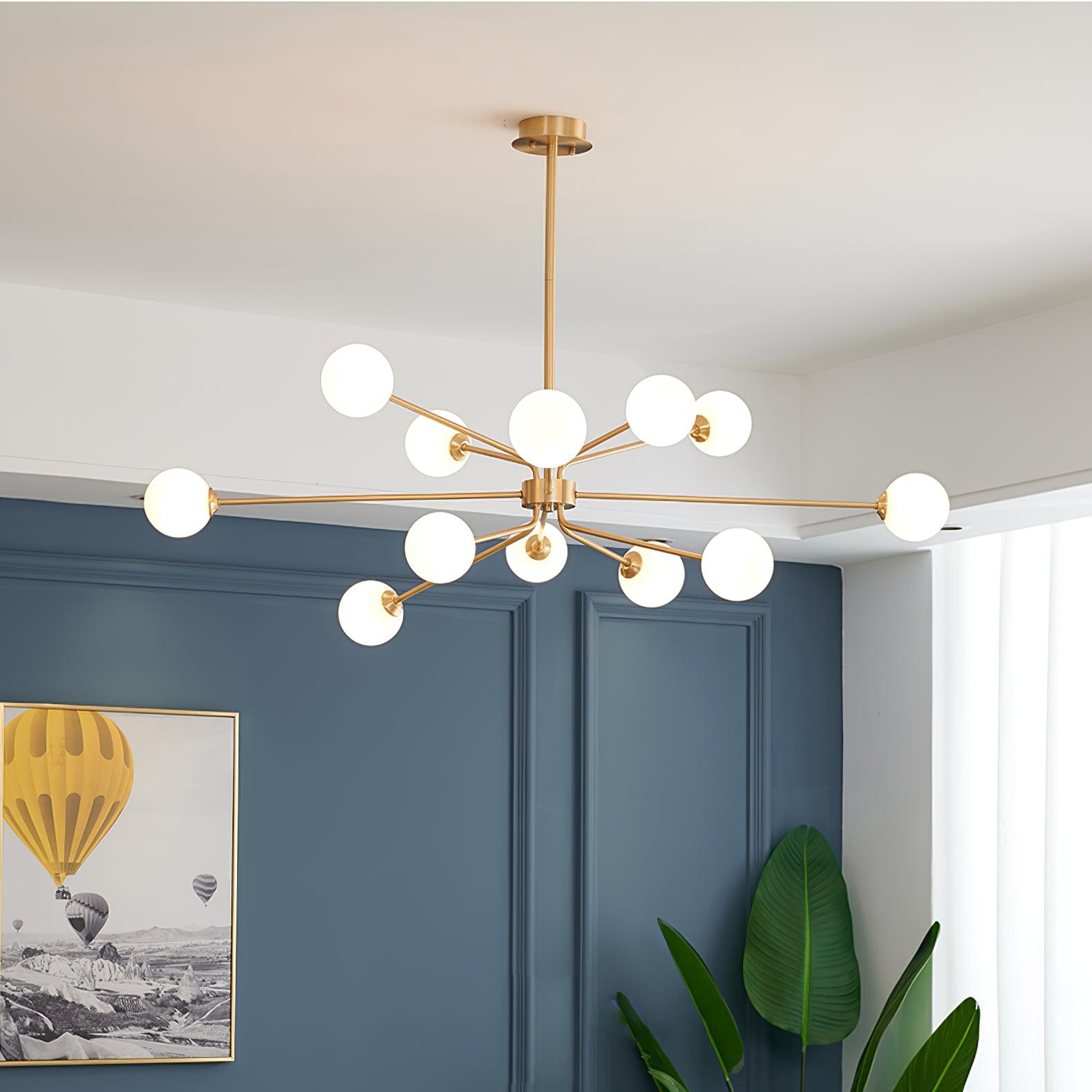 Mid Century Modern Brass Crown Chandelier with White Glass Globe Shades for Indoor Lighting