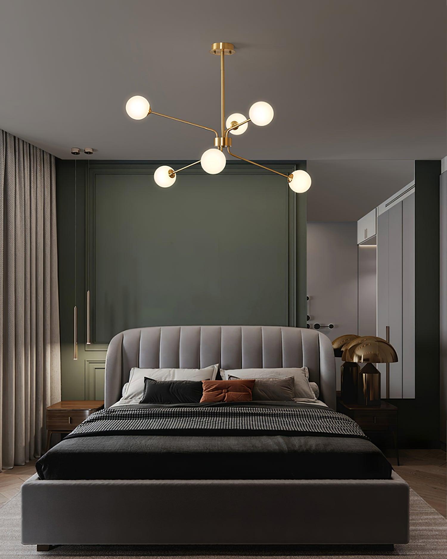 Mid Century Modern Brass Crown Chandelier with White Glass Globe Shades for Indoor Lighting