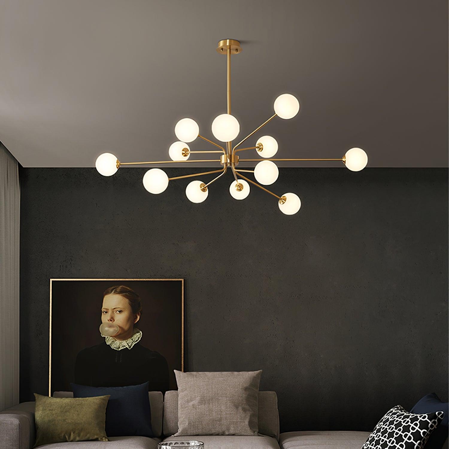 Mid Century Modern Brass Crown Chandelier with White Glass Globe Shades for Indoor Lighting