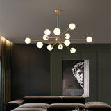 Mid Century Modern Brass Crown Chandelier with White Glass Globe Shades for Indoor Lighting