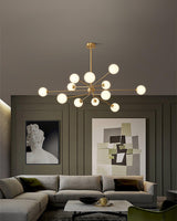Mid Century Modern Brass Crown Chandelier with White Glass Globe Shades for Indoor Lighting