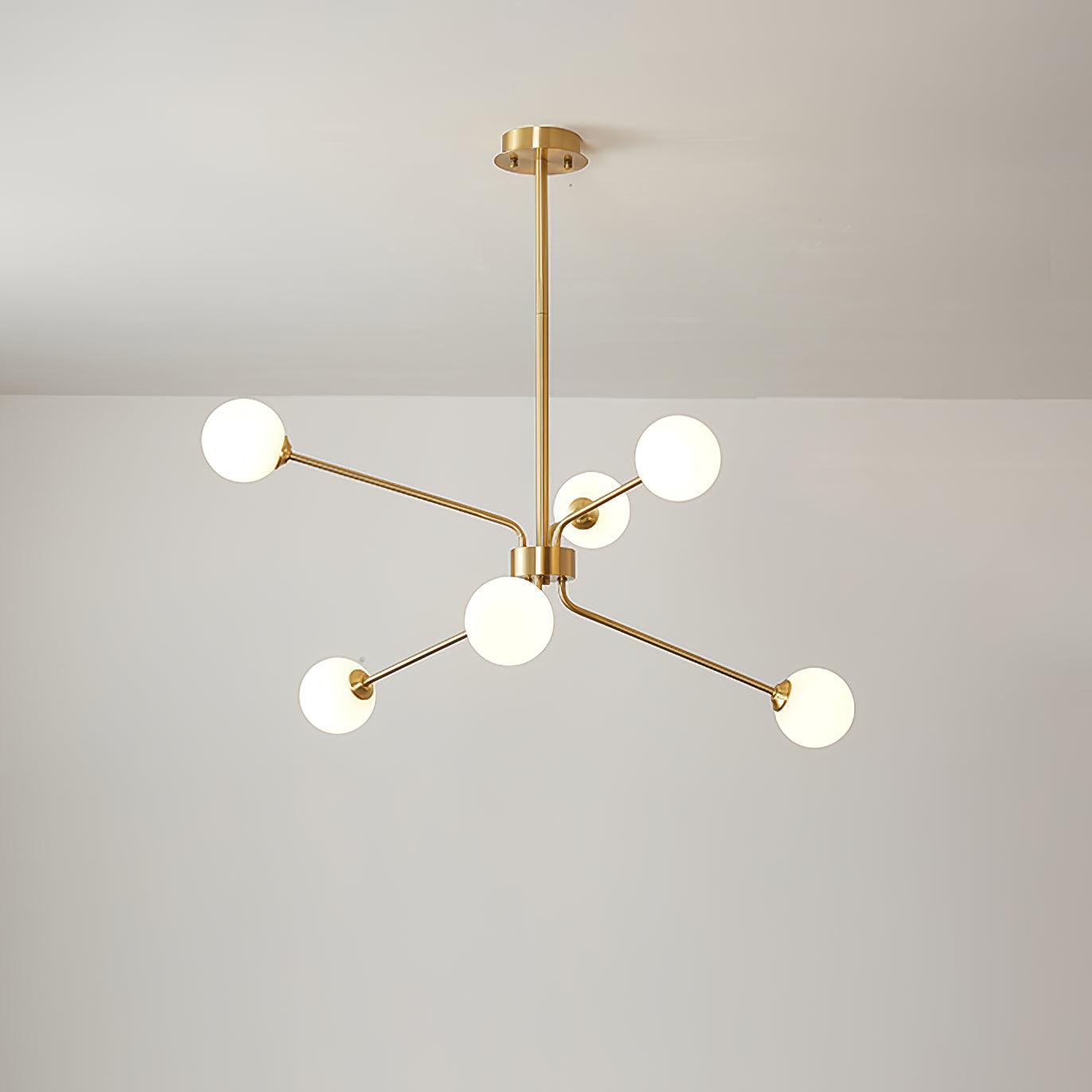 Mid Century Modern Brass Crown Chandelier with White Glass Globe Shades for Indoor Lighting