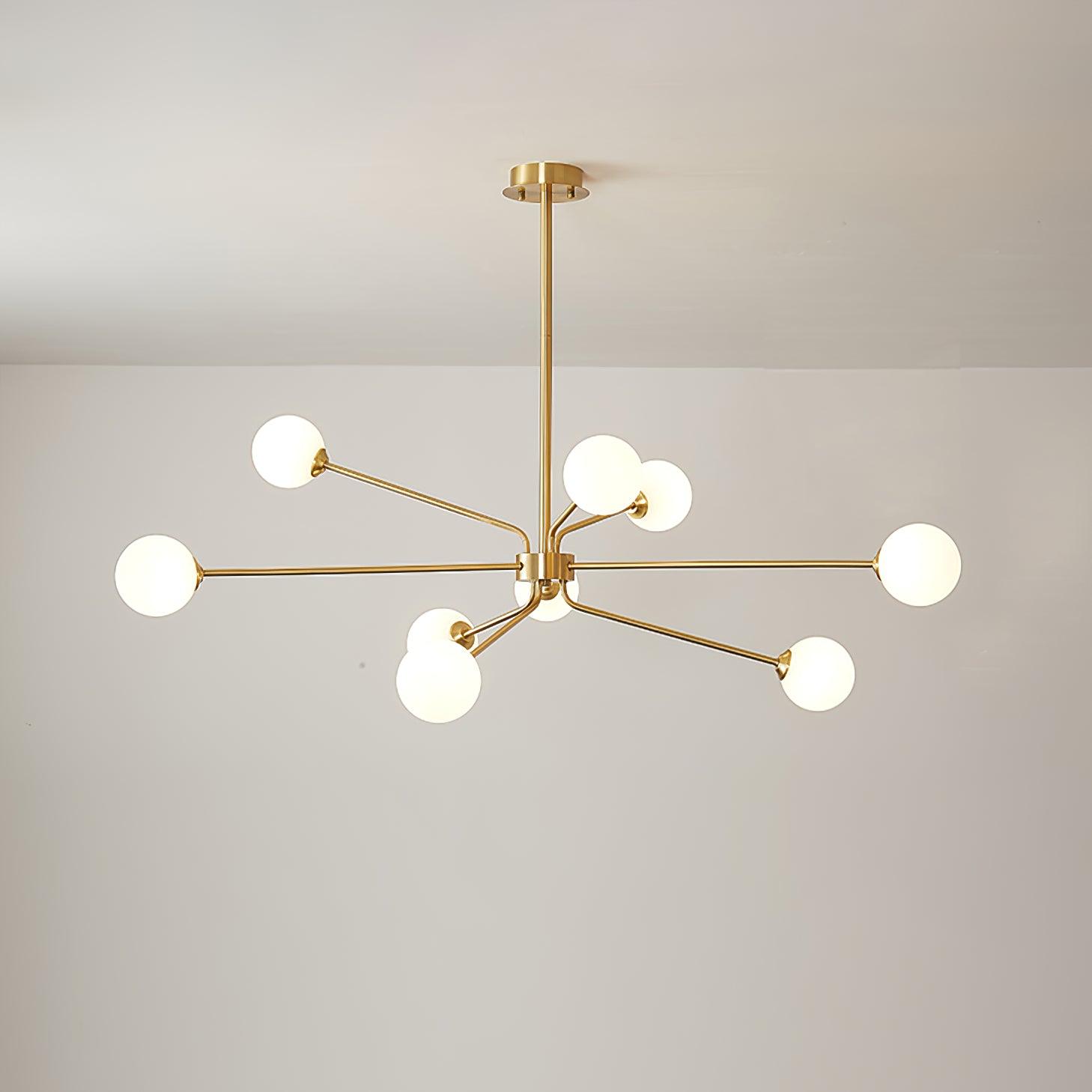 Mid Century Modern Brass Crown Chandelier with White Glass Globe Shades for Indoor Lighting