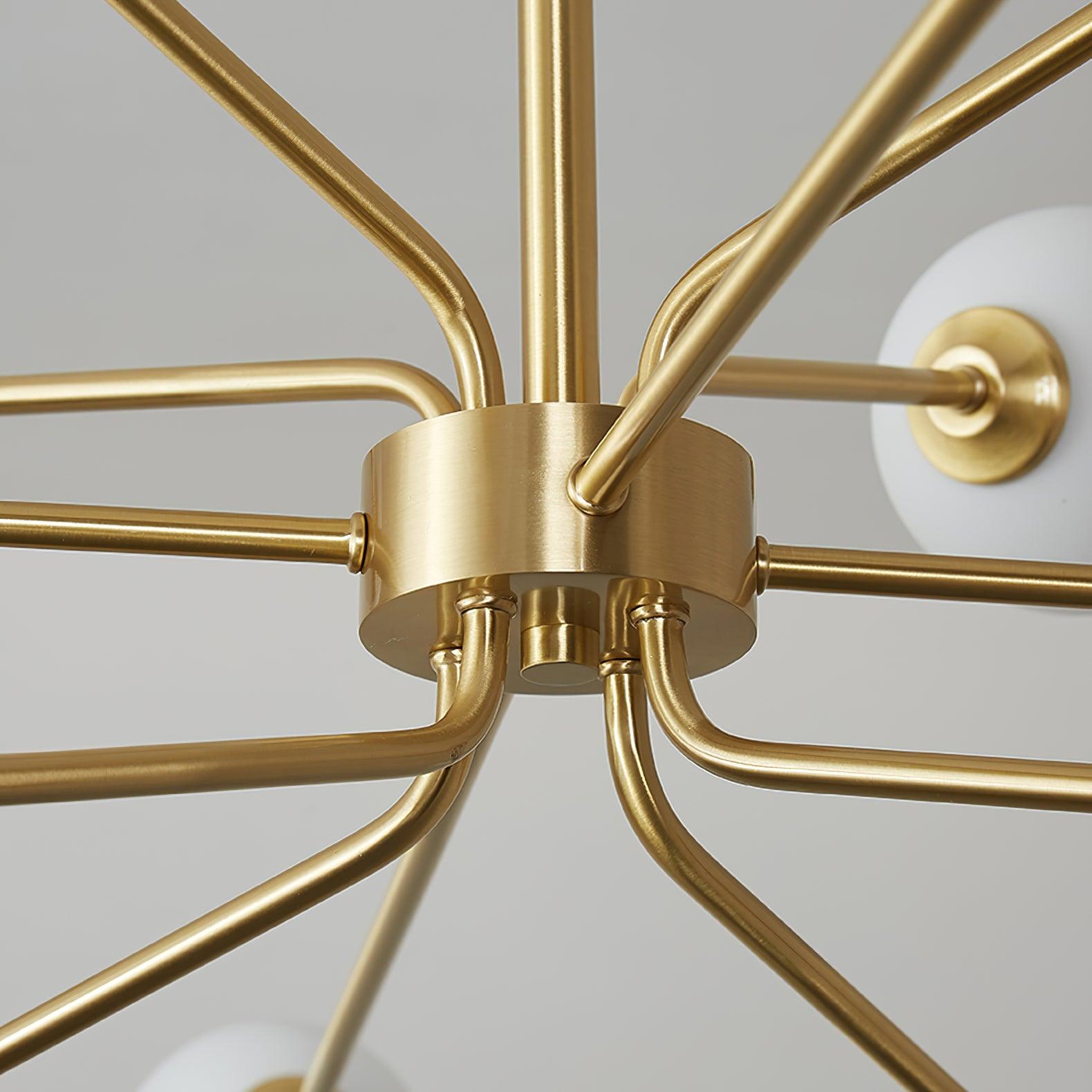Mid Century Modern Brass Crown Chandelier with White Glass Globe Shades for Indoor Lighting