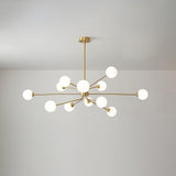 Mid Century Modern Brass Crown Chandelier with White Glass Globe Shades for Indoor Lighting