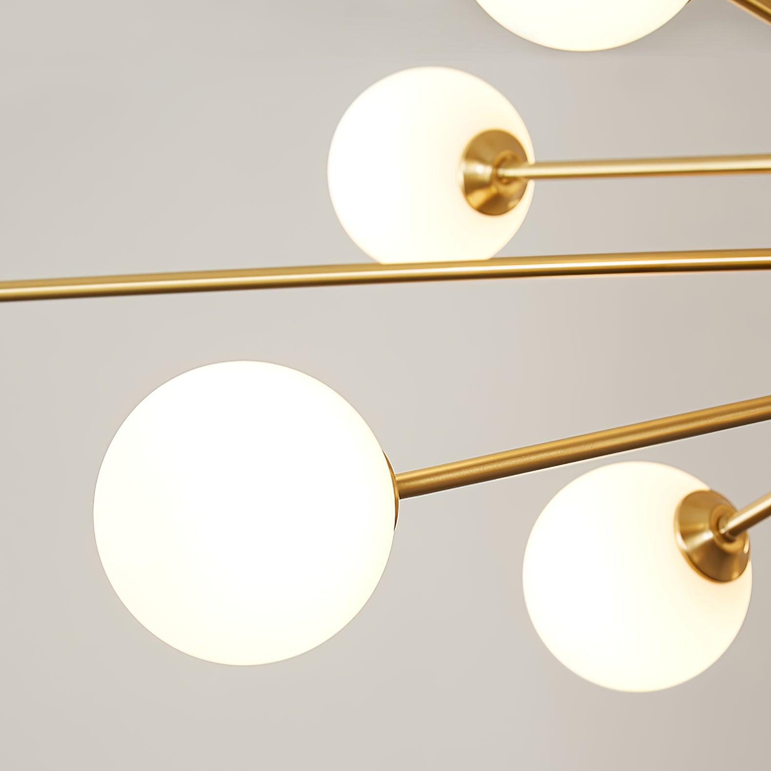 Mid Century Modern Brass Crown Chandelier with White Glass Globe Shades for Indoor Lighting
