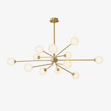 Mid Century Modern Brass Crown Chandelier with White Glass Globe Shades for Indoor Lighting