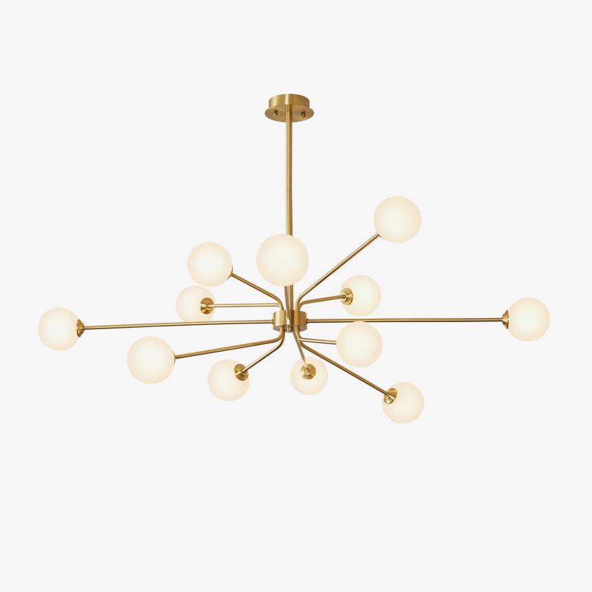 Mid Century Modern Brass Crown Chandelier with White Glass Globe Shades for Indoor Lighting