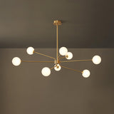 Mid Century Modern Brass Crown Chandelier with White Glass Globe Shades for Indoor Lighting