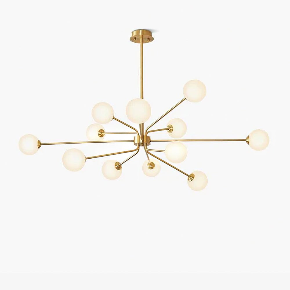 Mid Century Modern Brass Crown Chandelier with White Glass Globe Shades for Indoor Lighting