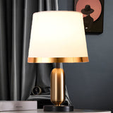 Mid Century Modern Brass Table Lamp with Fabric Shade and Black Metal Base for Bedside or Office