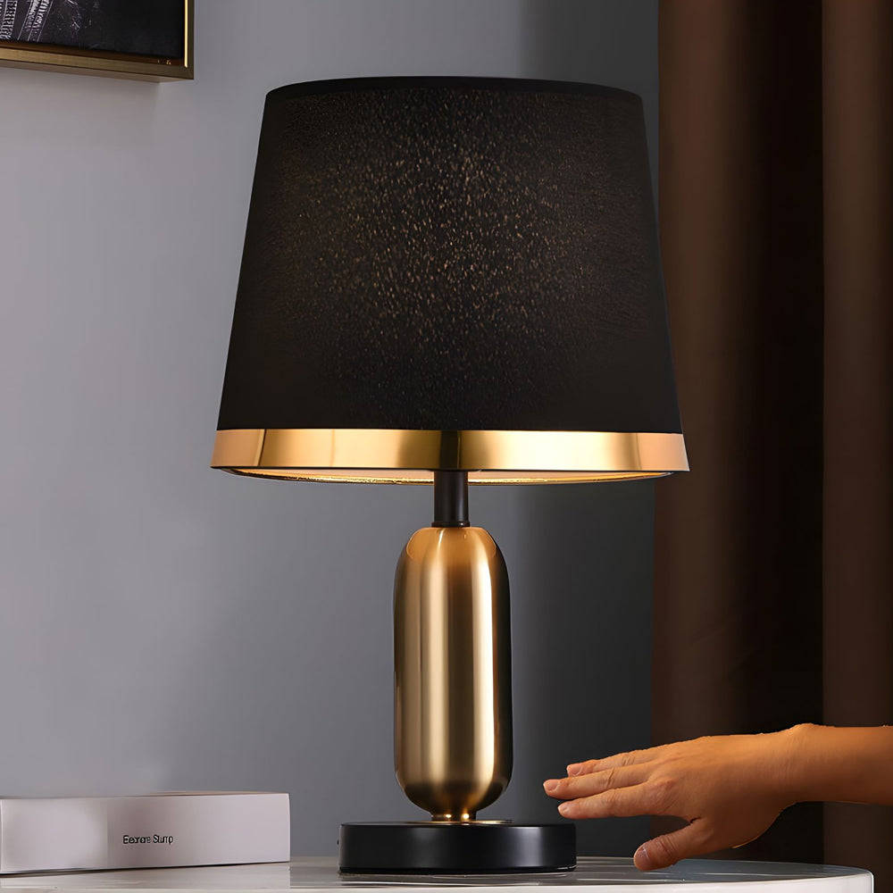 Mid Century Modern Brass Table Lamp with Fabric Shade and Black Metal Base for Bedside or Office