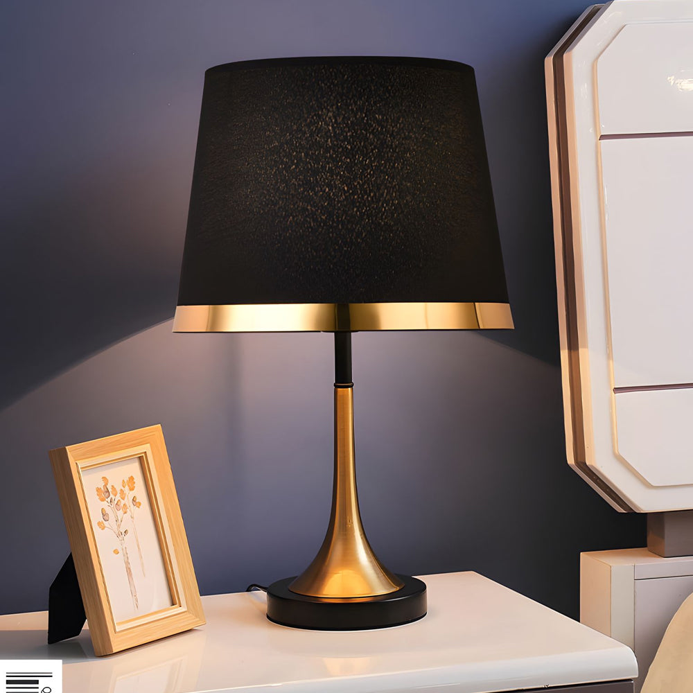 Mid Century Modern Brass Table Lamp with Fabric Shade and Black Metal Base for Bedside or Office
