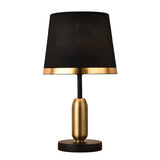 Mid Century Modern Brass Table Lamp with Fabric Shade and Black Metal Base for Bedside or Office