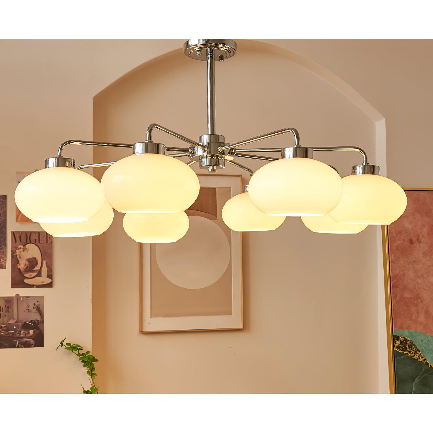 Mid Century Modern Chrome Geometric Chandelier with Oval Glass Shades for Living Room Lighting
