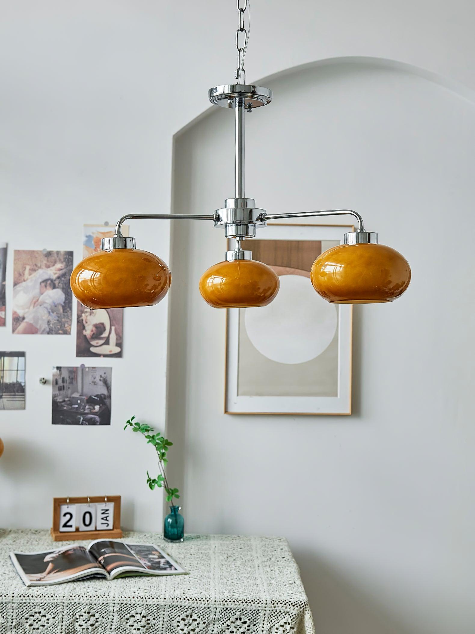 Mid Century Modern Chrome Geometric Chandelier with Oval Glass Shades for Living Room Lighting