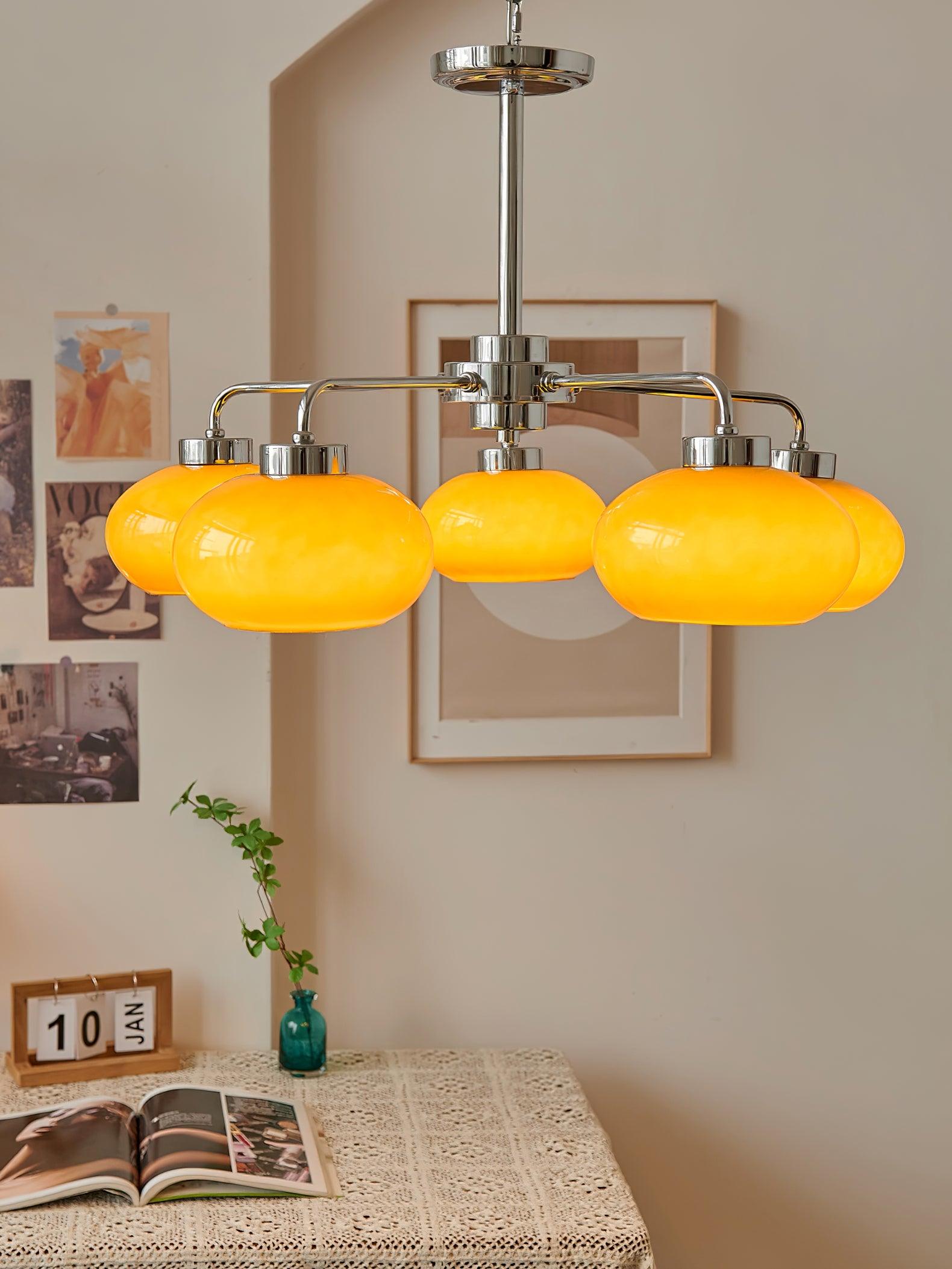 Mid Century Modern Chrome Geometric Chandelier with Oval Glass Shades for Living Room Lighting
