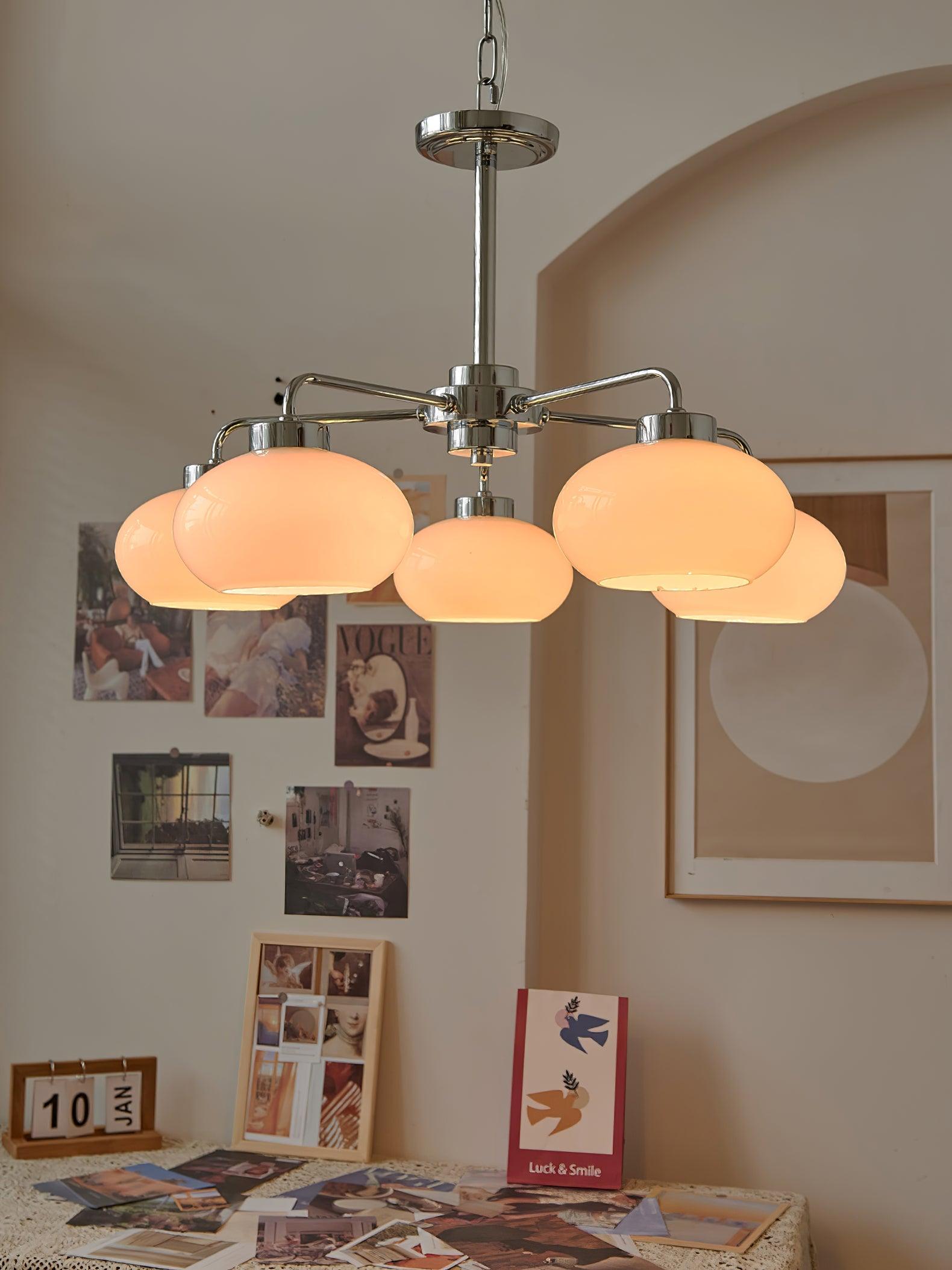 Mid Century Modern Chrome Geometric Chandelier with Oval Glass Shades for Living Room Lighting