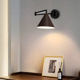 Mid Century Modern Cone Swing Arm Wall Sconce Adjustable Wood Grain Finish Bedside Lamp