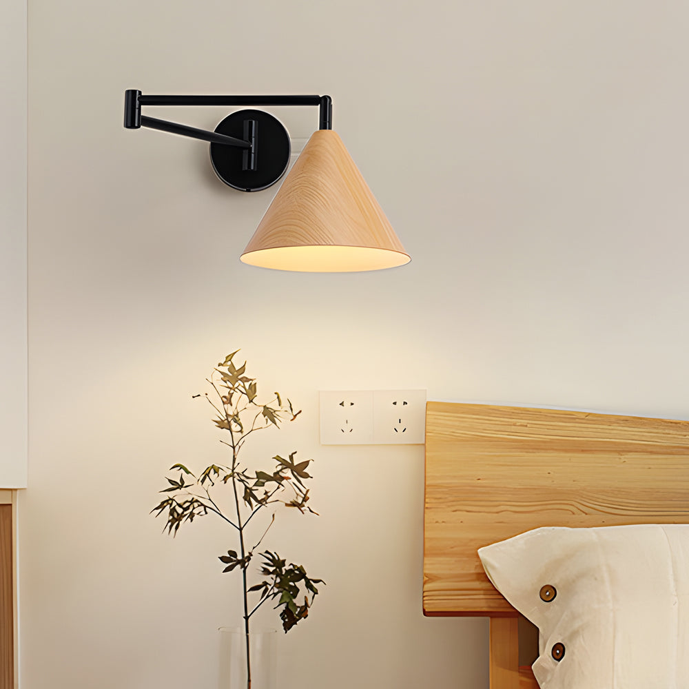 Mid Century Modern Cone Swing Arm Wall Sconce Adjustable Wood Grain Finish Bedside Lamp