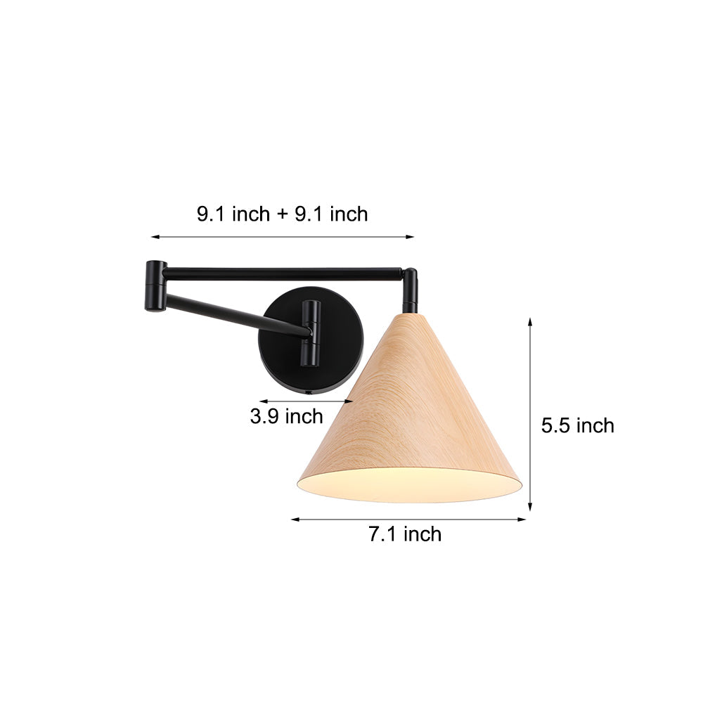 Mid Century Modern Cone Swing Arm Wall Sconce Adjustable Wood Grain Finish Bedside Lamp