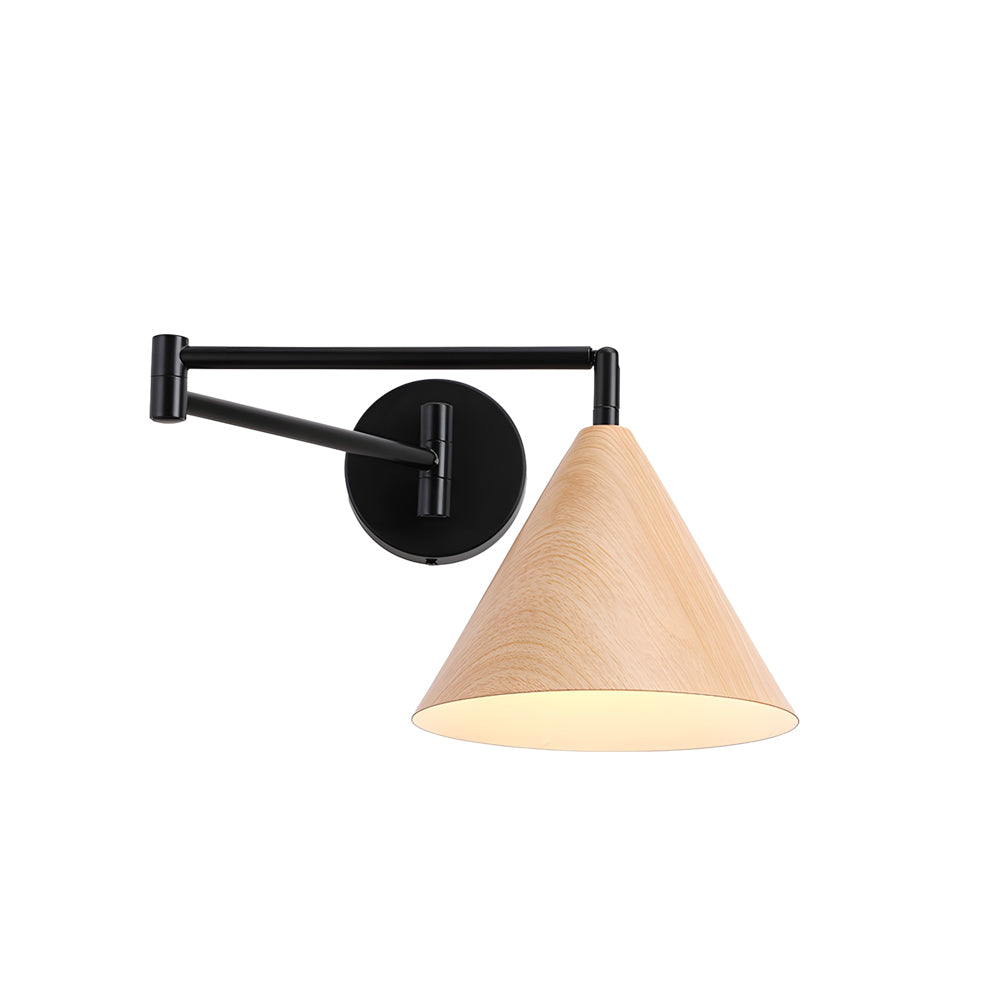 Mid Century Modern Cone Swing Arm Wall Sconce Adjustable Wood Grain Finish Bedside Lamp